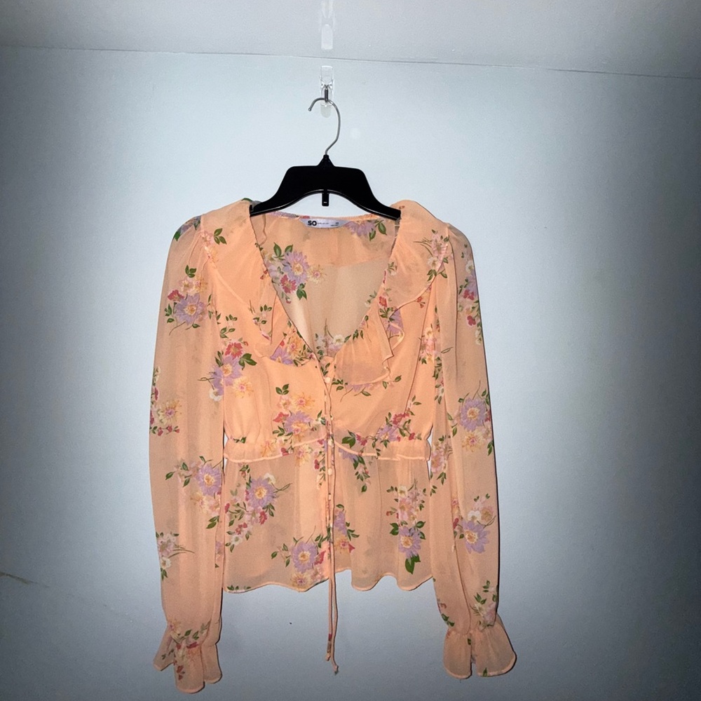 SO Orange Ruffled Tie Front Blouse with Peter Pan Collar